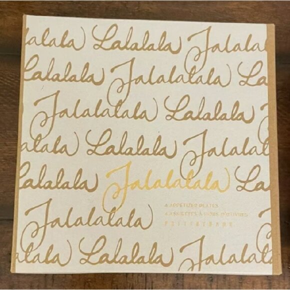 NEW S4 Pottery Barn Fa La La Appetizer Plates Gold Holiday Stoneware Snack Plate - Picture 3 of 6